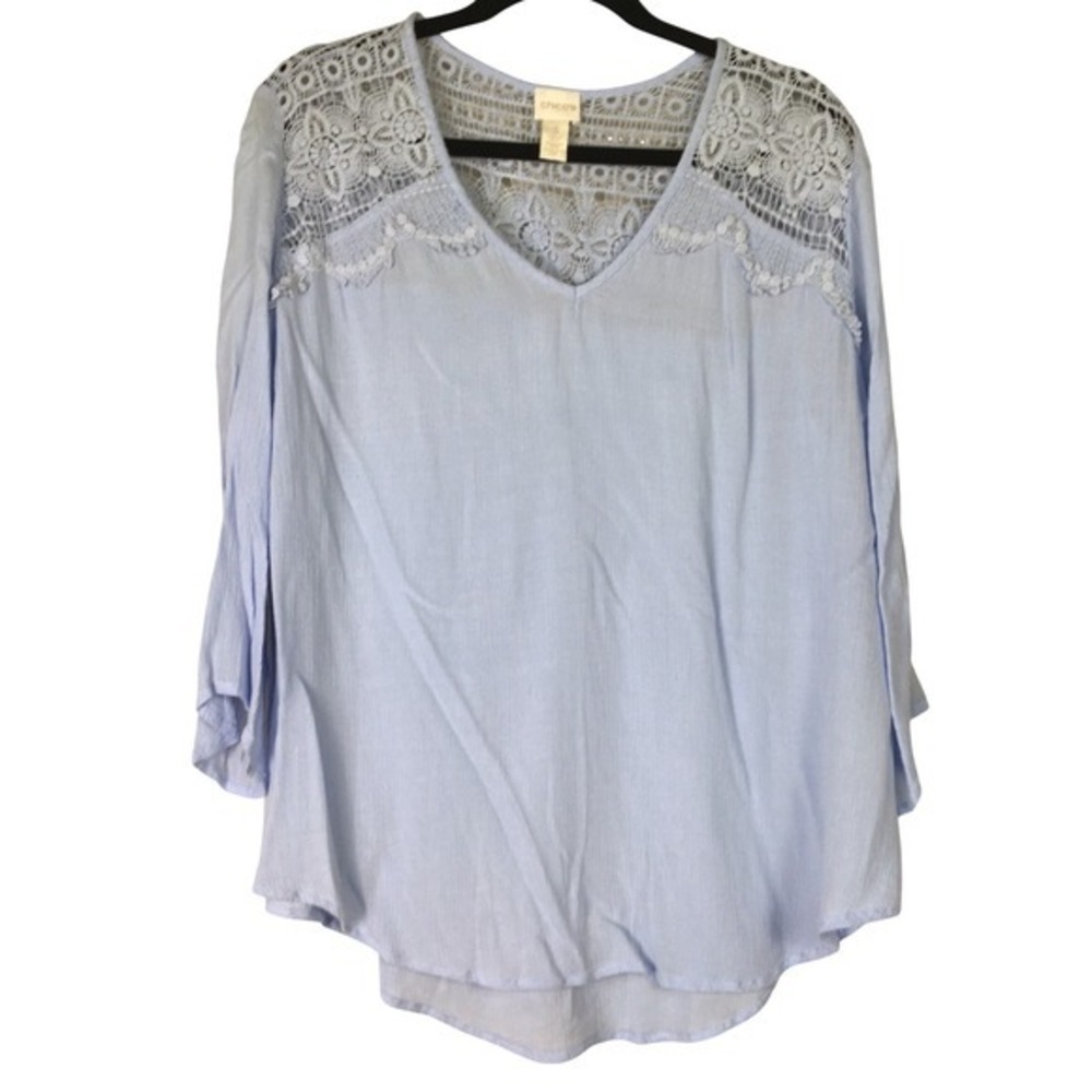 Chicos Light Blue Lace Yoke V-Neck Bell Sleeve Rayon Blouse Size 3‎